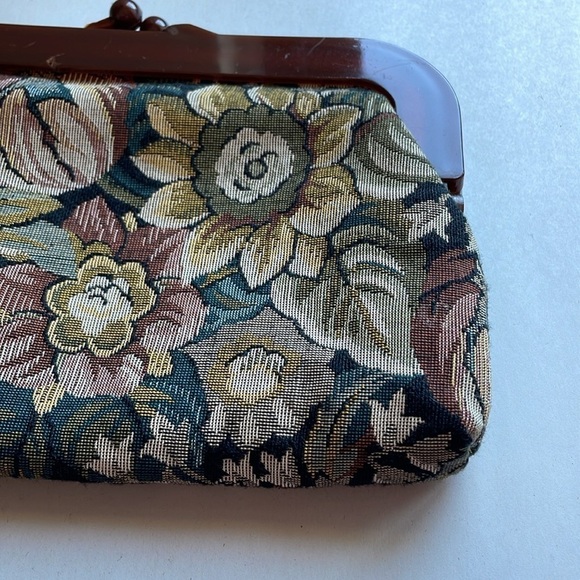 VTG Cottagecore Clutch Woven Jacquard Tapestry Purse Floral Mauve Bag Kiss 90s - Picture 3 of 14